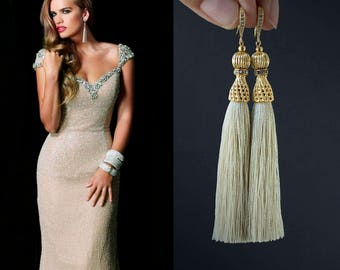 Cream Tassels Earrings Beige Earrings Nude Earrings Cubic Zirconia paved Beige tassel Earrings Tassels Jewellery Long Earrings