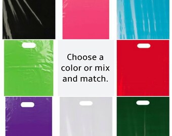 100 Glossy Plastic Favor Bags, Pick Your Color, Gift Bags, Plastic Shopping Bags with Handles, Merchandise Bags, 12 x 15", Die Cut Handle