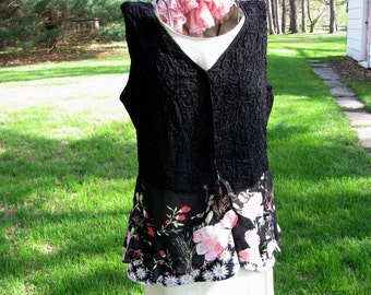 Black Handbeaded Gypsy Bohemian Vest with Flowing Floral Skirting Upcycled Wearable Art