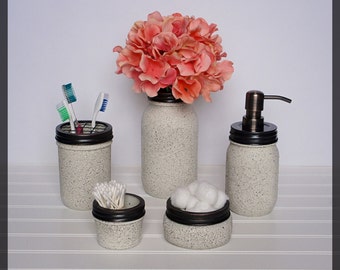 Stone Textured Mason Jar Bathroom Set 5pc With Lids-Rustproof Soap Pump & Lid-Mason Jar Soap Dispenser-Farmhouse Decor-Bathroom Accessories