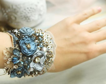 Delicate bead embroidered lace cuff Tattered textile cuff bracelet Shabby chic fabric cuff Bead embroidered cuff bracelet