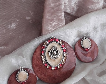 romantic old silver pendant Pink pomegranate creation set
