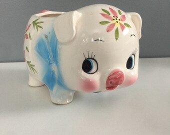 Vintage Piggy Bank Piglet Planter Combination Bank Cute Kitsch Pig Floral 1960s Bank Ceramic Cute