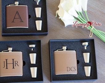 Mens Personalized Flask - Groomsmen Gift - Leather Hip Flask Gift Set - Engraved with Name, Monogram or Initials Birthday Gift