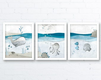 Nautical Nursery Art Prints - Whale Nursery Decor, Childrens Room Art Nautical Wall Decor, Ocean Art for Kids Room, Blue Baby Fish