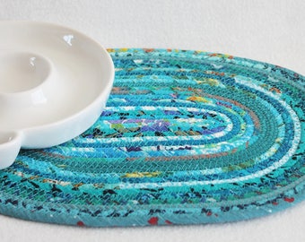 Fabric Coiled Mat / Coiled Rope Placemat / Clothesline Hot Pad / Trivet / Teal Bohemian Oval by PrairieThreads