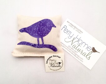 Lavender Sachet with Chickadee Appliqué in Cotton Canvas - Small Lavender Pillow with Bright Purple Chickadee