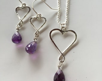 Silver heart earrings with Amethyst briolettes