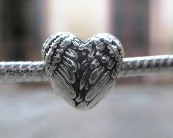 Charms / European heart bead, silver plated