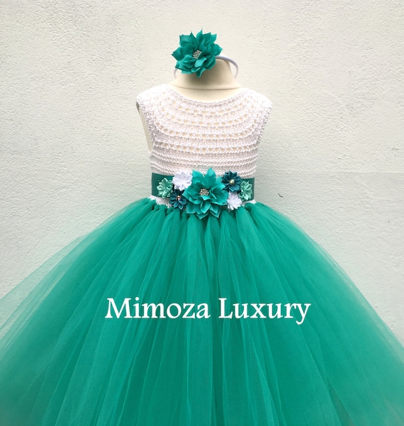 Flower girl dress, tutu dress, bridesmaid dress, princess dress, crochet top tulle dress, hand knit top tutu dress, teal sea green tutu