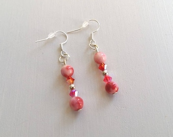 Elegant earrings in shades of Red Jade beads and Swarovski Crystal. Unique jewelry