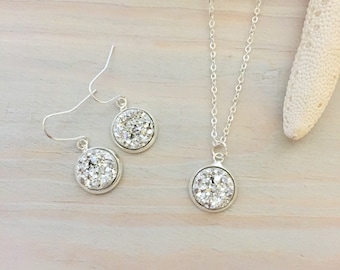 Druzy Jewelry Set - Silver Bridesmaid Jewelry Set - Birthday Jewelry Gift - Silver Jewelry Set - Silver Wedding Jewelry - Sterling Silver