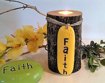 Faith candle - Tree branch candle - Yellow candle - Holiday gift - Wood candle - Ceramic candle - Home and Living - Holiday gift