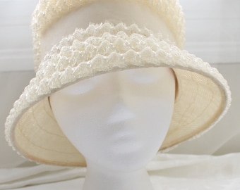 Vintage Ivory White Raffia Straw Woven Bucket Hat with Ribbon and Bow Detailing