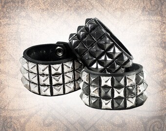 Pyramid 3 Row - Studded Leather Cuff, Leather Cuff, Leather Wristband, Leather Bracelet, Leather Band (1 Cuff Only)