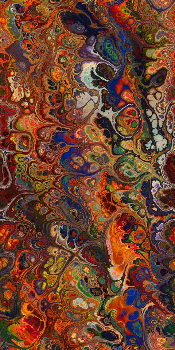 Artist Made Cotton Upholstrey Canvas Fabric Panel Abstract Marble Swirls of Color Jewel Tones Fiber Art