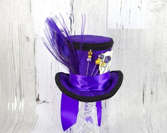 Purple and Black Mad Hatter Style Medium Mini Top Hat Fascinator, Alice in Wonderland Mad Hatter Tea Party, Derby Hat