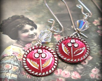 1800s BUTTON earrings, Victorian red flowers on sterling. Antique button jewellery.