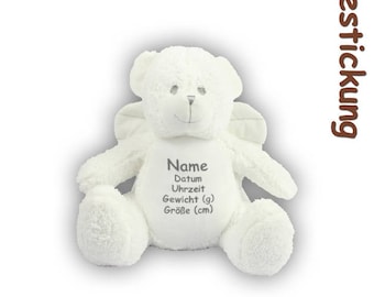 Fluffy teddy bear angel with emboidery, embroidered with name, date, weight and size