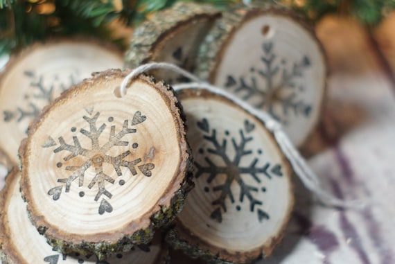 Snowflake Ornaments Stamped Christmas Ornament Set Rustic