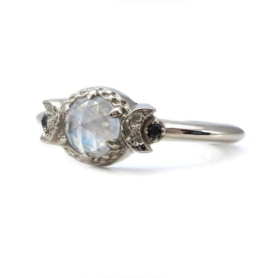 Rose Cut Moonstone and Diamond Crescent Moon Engagement Ring - 14k Gold