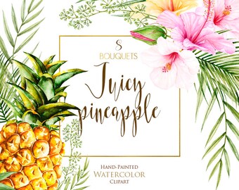 Watercolor Pineapple, Tropical Flowers, Pink Hibiscus, Palm Leaves, Exotic Hawaii, Yellow Fruits, Floral Bouquet Arrangements, cards, invite