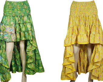 Flow High-Low Maxi Skirt 2pc Recycled Vintage Sari Gypsy Fashion Ruffle Flirty Flare Summer Skirts S/M