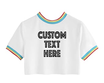 CUSTOM TEXT Rainbow Colorful Ringer Tee- Rainbow Crop Top with Custom or Personalized Text- White Crop with Rainbow Ringer T-shirt