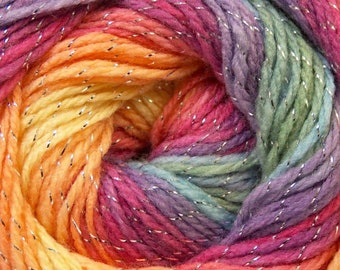 100 Gram Magic Glitz 22058 Purple Pink Blue Orange Yellow Green with Metallic Self-Striping DK Yarn 393 Yards
