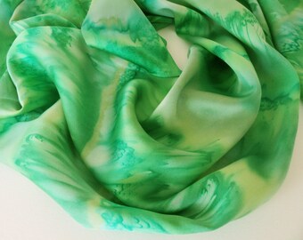 Green Silk Scarf, Hand Painted Green Silk Scarf, Green Scarf, Hand Painted Silk Scarf, Yellow Silk Scarf, Yellow Scarf, Gift For Her