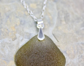 Olive green sea glass pendant, sterling silver chain, sterling silver bail, sea glass and sterling silver necklace, gift for her