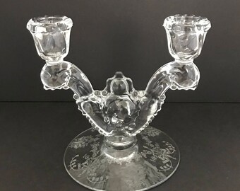 Crystal Double Candlestick Holder, Candelabra, Etched Orchid Design, Heisey, Vintage Floral Etched Candle Holder, Double Light Candle Holder