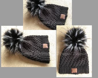 Black Crocheted Winter Hat with Black & White Tuft Pom