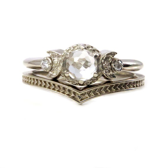 White Gold Moon Ring with Arrow Nesting Band - Rose Cut White Topaz and White Diamonds