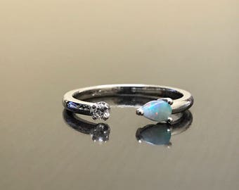 Diamond Opal Engagement Ring - 14K White Gold Opal Diamond Wedding Ring - 14K Diamond Opal Open Ring - Opal Diamond Ring - Gold Opal Ring