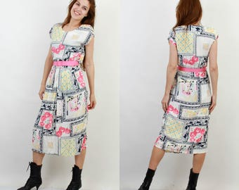 Vintage Floral Dress / Summer Dress / Midi Dress / Sleeveless Dress / Belted Dress / Day Dress /Vintage Dress /Electric Blue Made in England