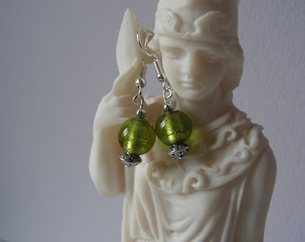 Green earrings glass bead and metal