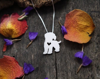 Cockapoo necklace, sterling silver hand cut pendant with heart, tiny dog breed jewelry