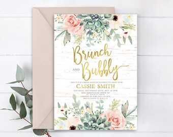 Succulent invitation, floral succulent Brunch & Bubbly Bridal Shower Invitation, rustic bridal shower, boho bridal shower invitation