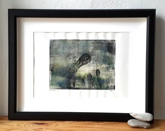 Monoprint, monotype, original artwork, modern abstract art, print art, people talking, family affair, group of people, foggy landscape
