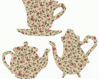 Floral/Calico Teacup & Teapots Set Fabric Iron On Appliques ~ 5 Color Options