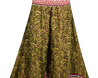 Green Recycled Silk Sari Flared Flirty Maxi Split Skirt High Waist Wide Leg Long Skirts