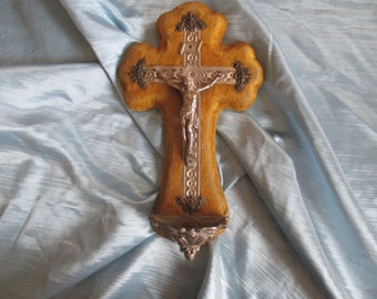 crucifix, holy water font, French, vintage, gold velvet, great detail Cross Napoleon III circa 1870, pre loved