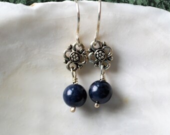 Dark Blue Gemstones, Sterling Silver Dangle Earrings