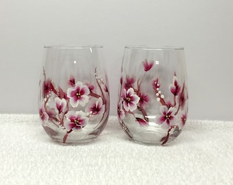 Cherry Blossoms (Large Flowers) Hand Painted Wine Glasses (Set of 2)