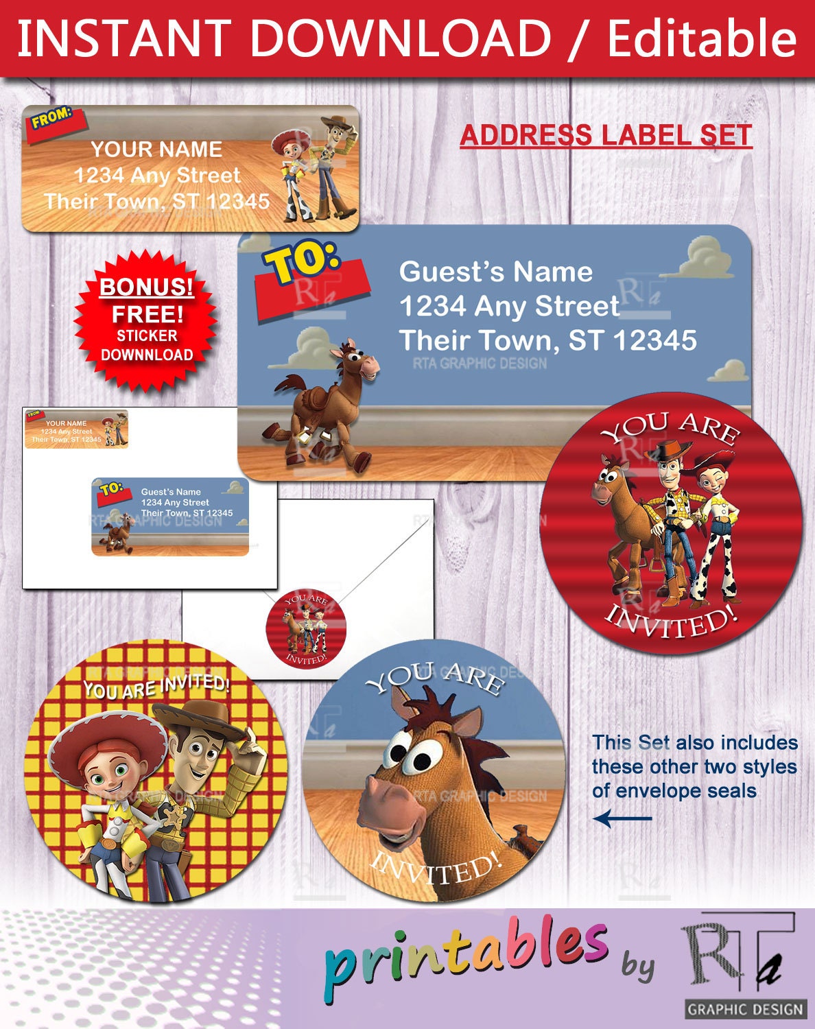 toy story address label set instant download and editable