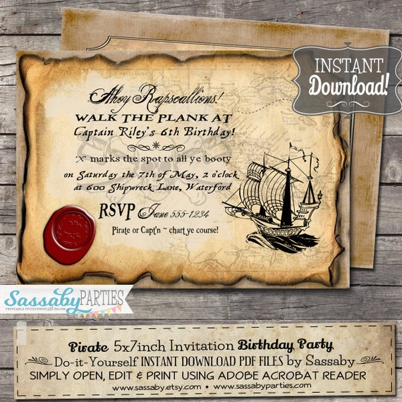 Pirate Birthday Party Invitation INSTANT DOWNLOAD