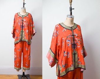 1930s Chinese Embroidered Pajamas / 30s Orange Silk Lounge Pajamas