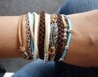 Stacked Bracelet, Wrap Boho Bracelet Set, Bohemian Bracelet,Bohemian Jewelry, Feather Bracelet,Teen Gift, Gypsy Bracelet, Boho Chic Bracelet