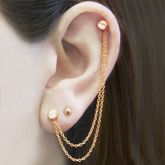 Rose Gold Earrings Chain Earrings Double Stud Earrings Ear